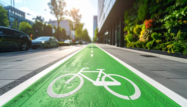 Eco-office bike lane in modern city. Sustainable urban infrastructure for green commuting.