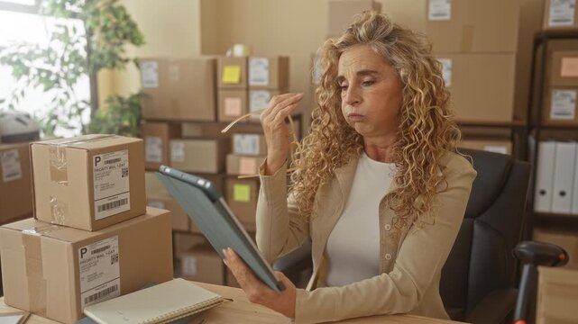 Woman holding tablet touches forehead amid packed shipping boxes in building; small business stress.