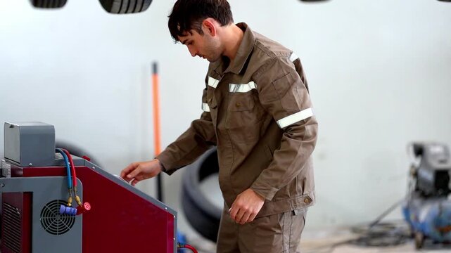 Mechanic service garage worker uniform machine repair workshop male technician using equipment for industrial maintenance