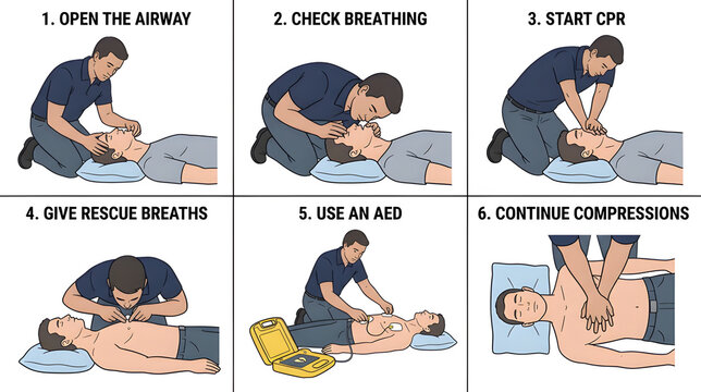 CPR First Aid Procedures, CPR and AED, and Emergency Medical Vector Illustrations