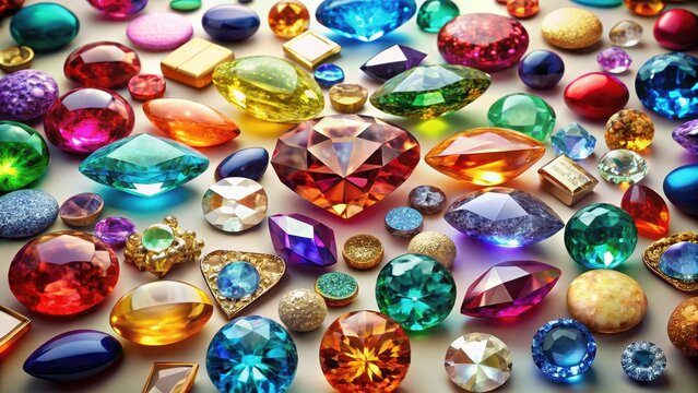 A vibrant arrangement of precious jewels and gems is meticulously arranged on a pristine white background showcasing an exquisite collection of an arr