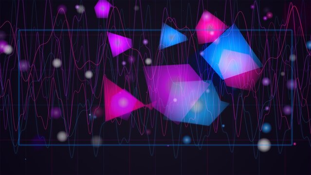 Abstract background, with neon geometric, shapes and sound, wave lines