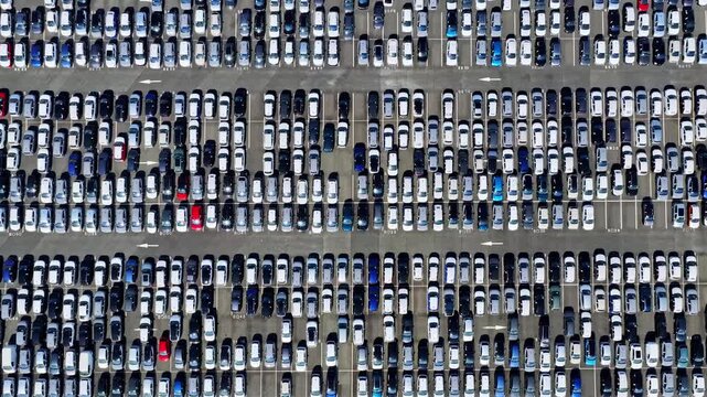 Countless new cars are neatly parked in a vast lot, waiting for export and distribution