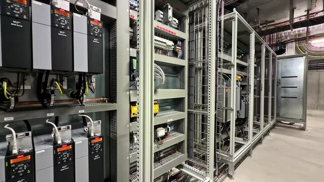 Industrial control room shows rows of variable frequency drives mounted on wall beside open electrical cabinets and wiring
