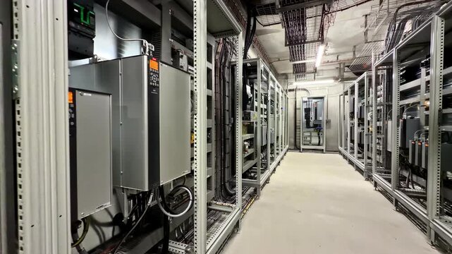 Camera moves down long control room corridor lined with open electrical cabinets and variable frequency drives