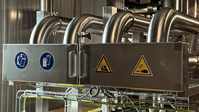 Curved stainless steel pipes run above metal cabinet showing PPE safety signs and chemical hazard warnings