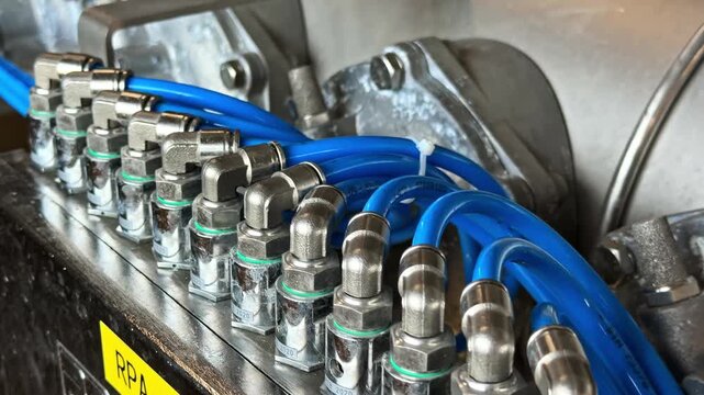 Close up shows row of pneumatic fittings and blue tubing connected to valve manifold inside dairy factory machine