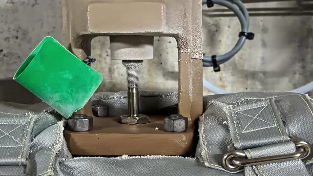Close up shows industrial testing machine clamped onto woven fabric sample with green measuring tool in laboratory setting