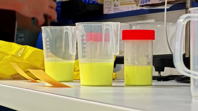 Laboratory technician tests yellow milk samples in graduated beakers and specimen container at dairy processing facility