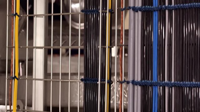 Camera rises along grid of multi colored industrial wires bundled with metal rungs and blue lashing ties