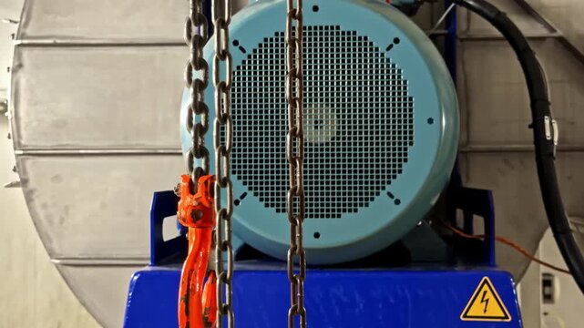 Close up of blue electric motor with cooling vent and orange safety hook on chain hoist inside dairy processing factory