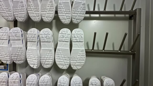 Rows of white safety shoes and protective footwear hang on wall mounted rack inside dairy processing factory hygiene room