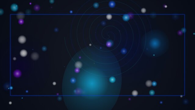 Dark background, with blue and, purple glowing orbs, and spiral lines
