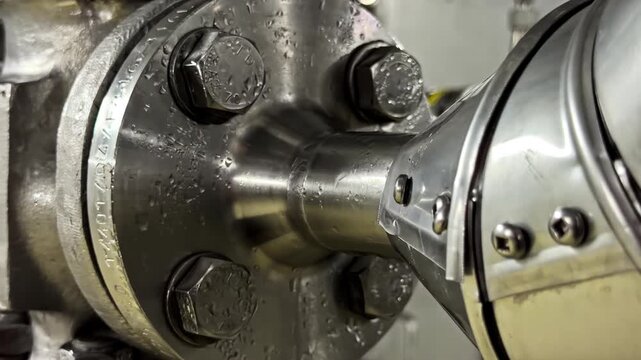 Extreme close up shows wet metal flange bolts and shaft coupling on industrial machinery inside dairy processing factory