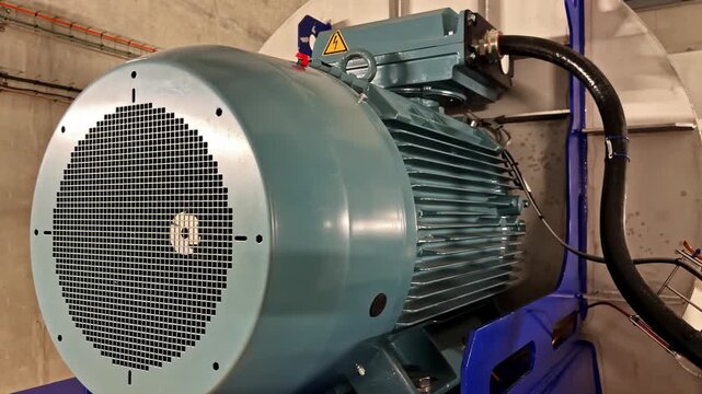 Large industrial electric motor installed indoors with visible wiring and housing