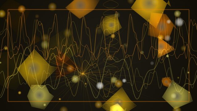 Golden sound waves and floating geometric shapes on dark background