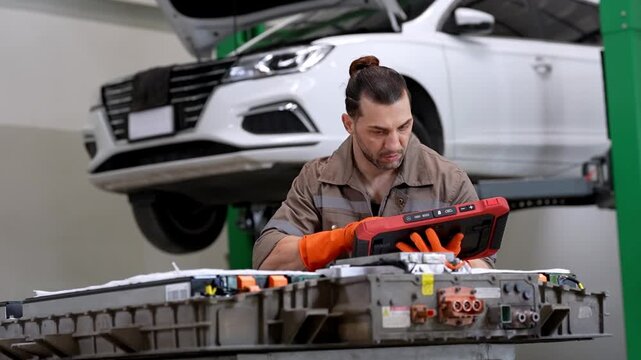 Automotive technician electric vehicle battery pack diagnostic tool repair service car lift garage mechanic work power pack inspection