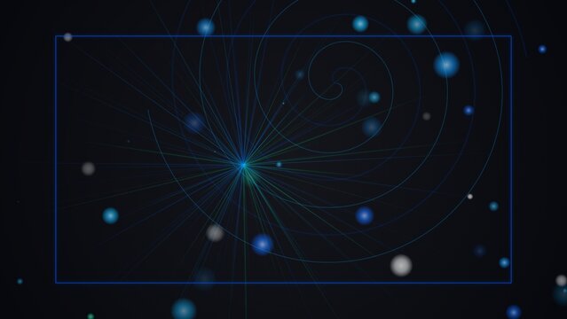 Particle physics collision event with spiral trajectories and blue light orbits