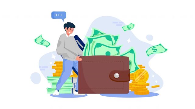 Flat illustration of a person managing wealth with a giant wallet, gold coins, and banknotes for financial success
