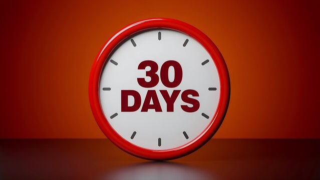 30 days concept with a red clock on a dark orange background