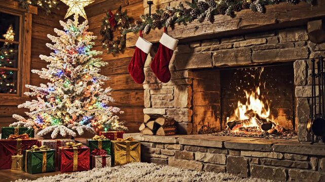Christmas tree and burning fireplace in rustic cabin interior