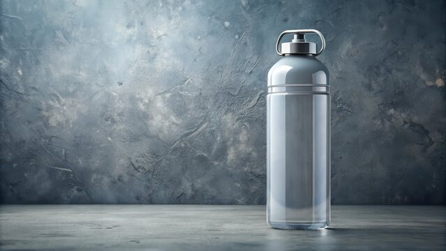 A sleek white water bottle with a spout stands poised on a rugged grey background its transparent body reflecting the dullness of the surrounding spac