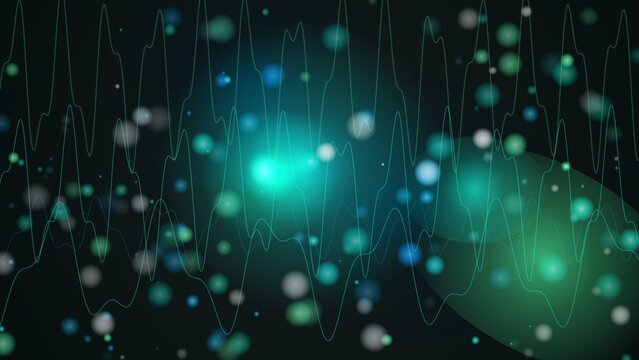 Teal and blue sine waves with glowing bokeh circles on black background