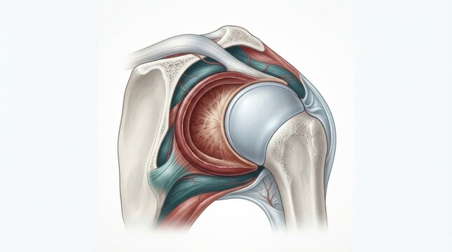 This shows a cross-section of the shoulder joint, including tendons, ligaments, and the labrum relevant to sports medicine and orthopedic studies.