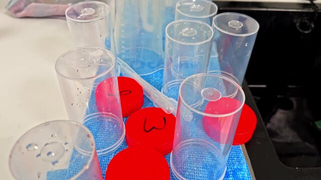Close-up shot glides across wet plastic graduated cylinders and red bottle caps with smiley faces drying on blue mat near laboratory sink