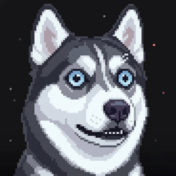 Pixel Art Siberian Husky with Blue Eyes Portrait on Dark Background