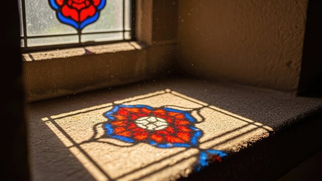 Light streams through a colorful stained glass window, casting a floral pattern on stone
