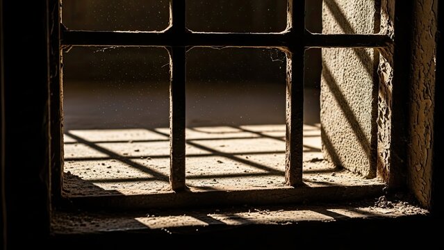 Light streams through a barred window into a dusty, aged interior, highlighting dust motes