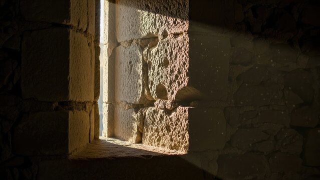 Light streams through a stone window illuminating dust motes in a textured interior