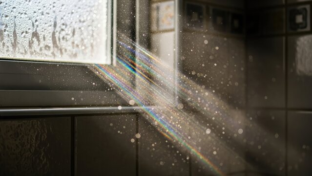 Light streams through a window, illuminating dust motes in a tiled room, creating a rainbow effect