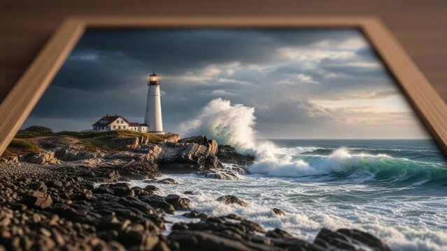 Lighthouse painting in a wooden frame. Stormy ocean waves crash against rocky coast
