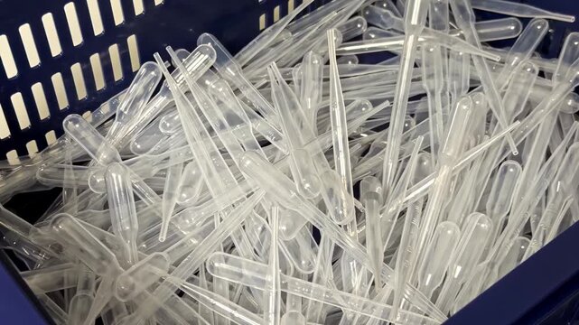 Close-up view shows pile of disposable plastic transfer pipettes stacked together inside blue storage crate in laboratory setting