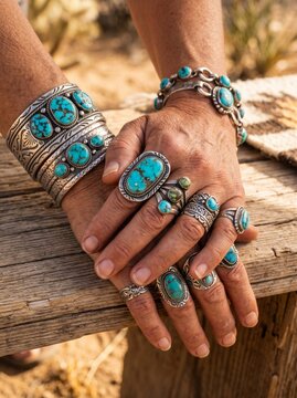 Native American Style Turquoise Silver Bracelets and Rings Stacked on Wood