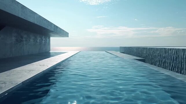 Luxury modern infinity pool with concrete deck extending to serene ocean, blue sky