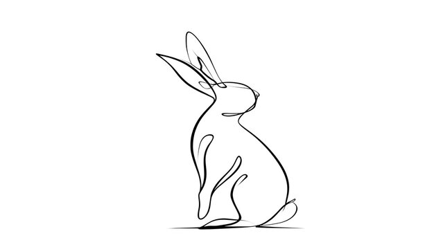 Minimalist rabbit line art illustration white background.