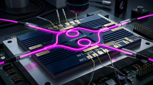 Photonic integrated circuit modulator chip with glowing magenta laser signal 3d render