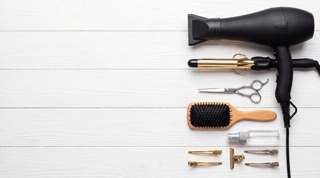 Hairdressing tools and styling equipment on white wooden background