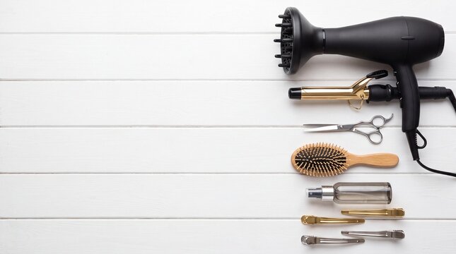Hair styling tools on white wooden background