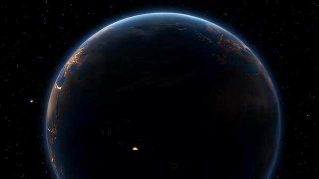 Earth spinning globe in dark space with glowing continents, blue light, orbit, Africa and Europe visible, calm repeating horizon light across planet