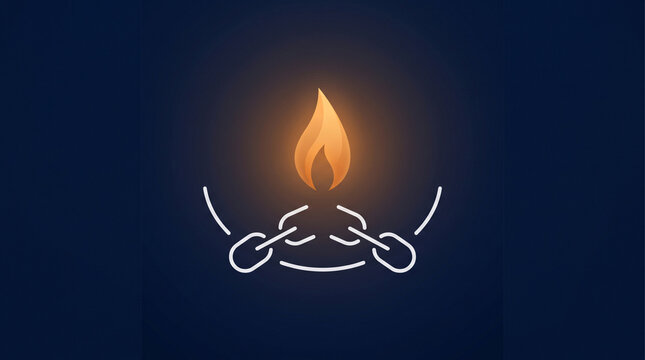 Minimalist graphic illustration featuring a glowing flame rising from broken metal links against dark background with displays stylized glowing broken metallic chain