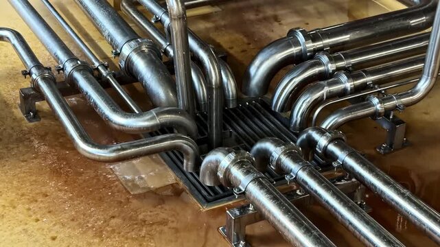 Complex industrial piping system inside a craft brewery draining fresh beer into a floor drain
