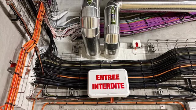 French 'Entr&eacute;e Interdite' sign, meaning no entry, on a wall with pipes and cables