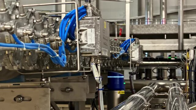 Row of stainless processing units with blue cables and sensors runs along an automated beverage production line.
