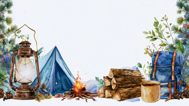 Watercolor Camping Frame Background with Tent, Campfire / アウトドアキャンプの水彩フレーム素材 焚き火とテントの背景イラスト