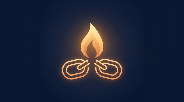 Glowing flame rising from broken metal chain links symbolizing freedom and breaking free from restraints with dark blue background glowing orange chain with chain