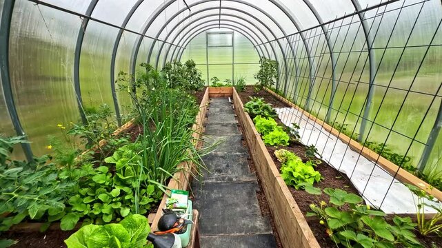 walking past Vegetables Growing in Raised Wooden Beds Inside a Hoop House Tunnel Greenhouse.
